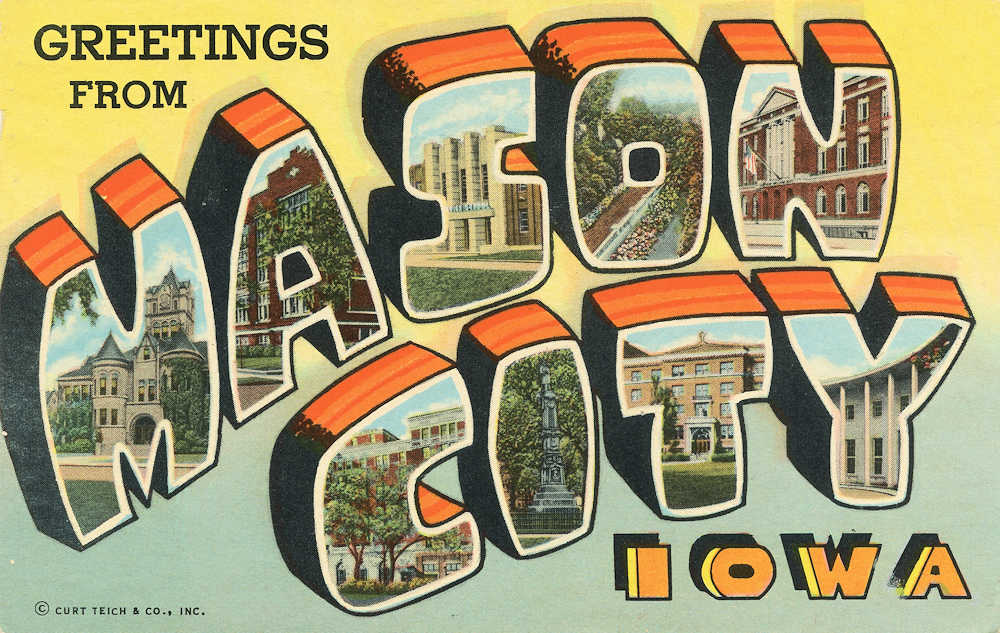 Postcard-style graphic with the words "Greetings From Mason City"